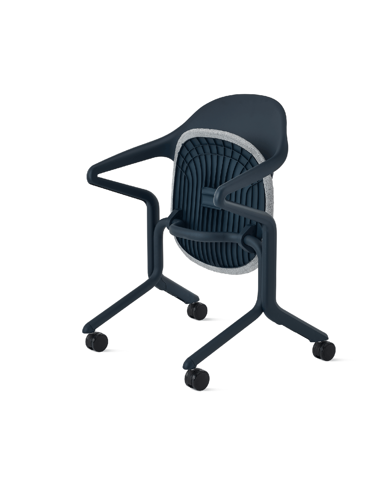 Single Flux nesting chair with blue frame and grey seat folded