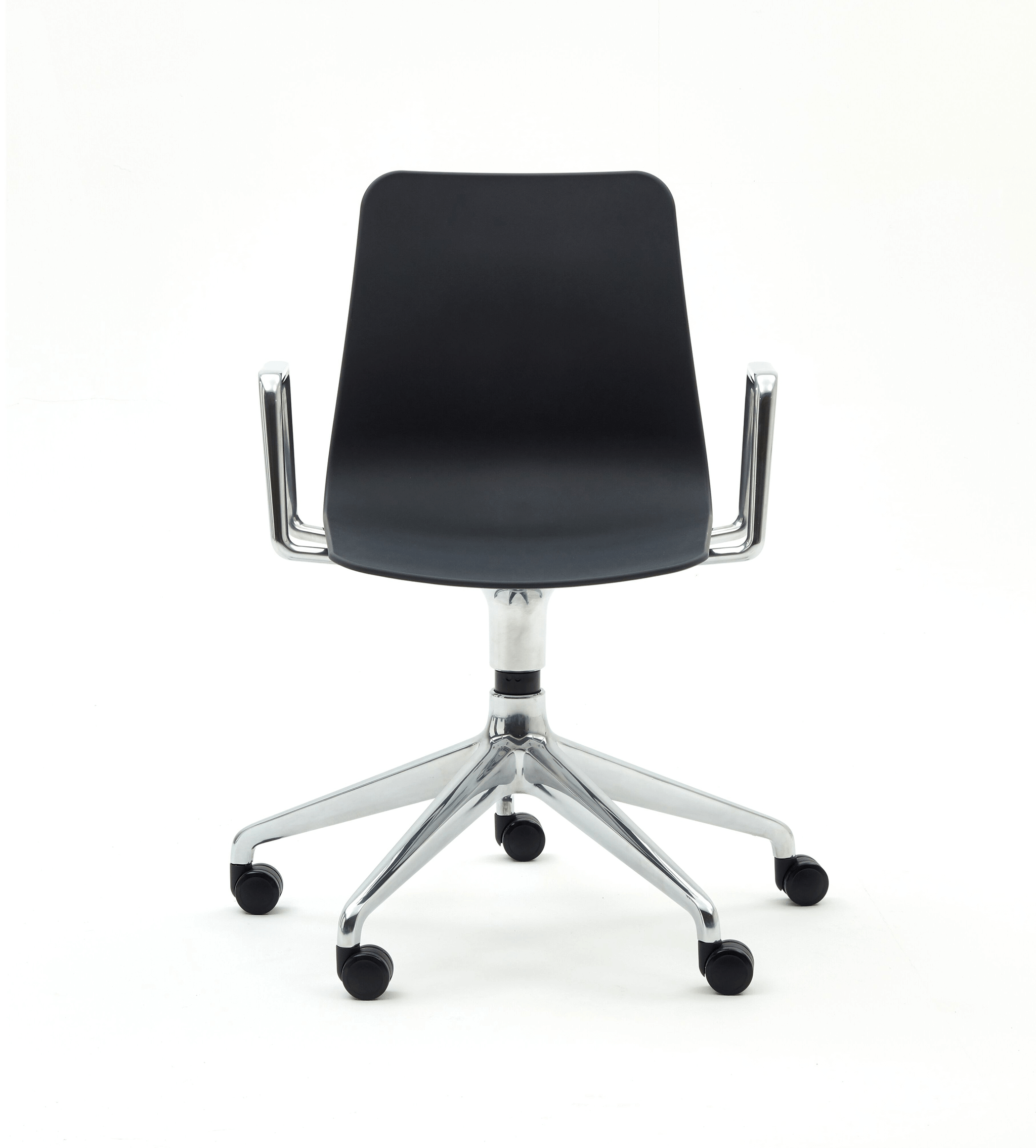 Polly side chair font with aluminium frame and leather with a white background