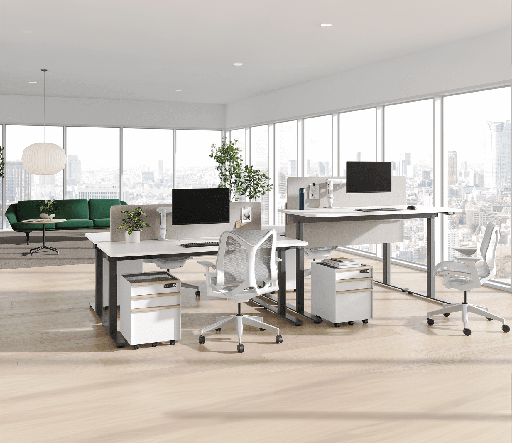 Nevi Sit-To-Stand Desk in a minimalist office design at WorkArena