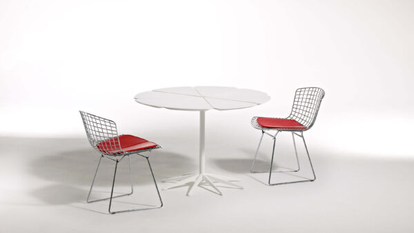 Petal Dining Table with two bertoia chairs