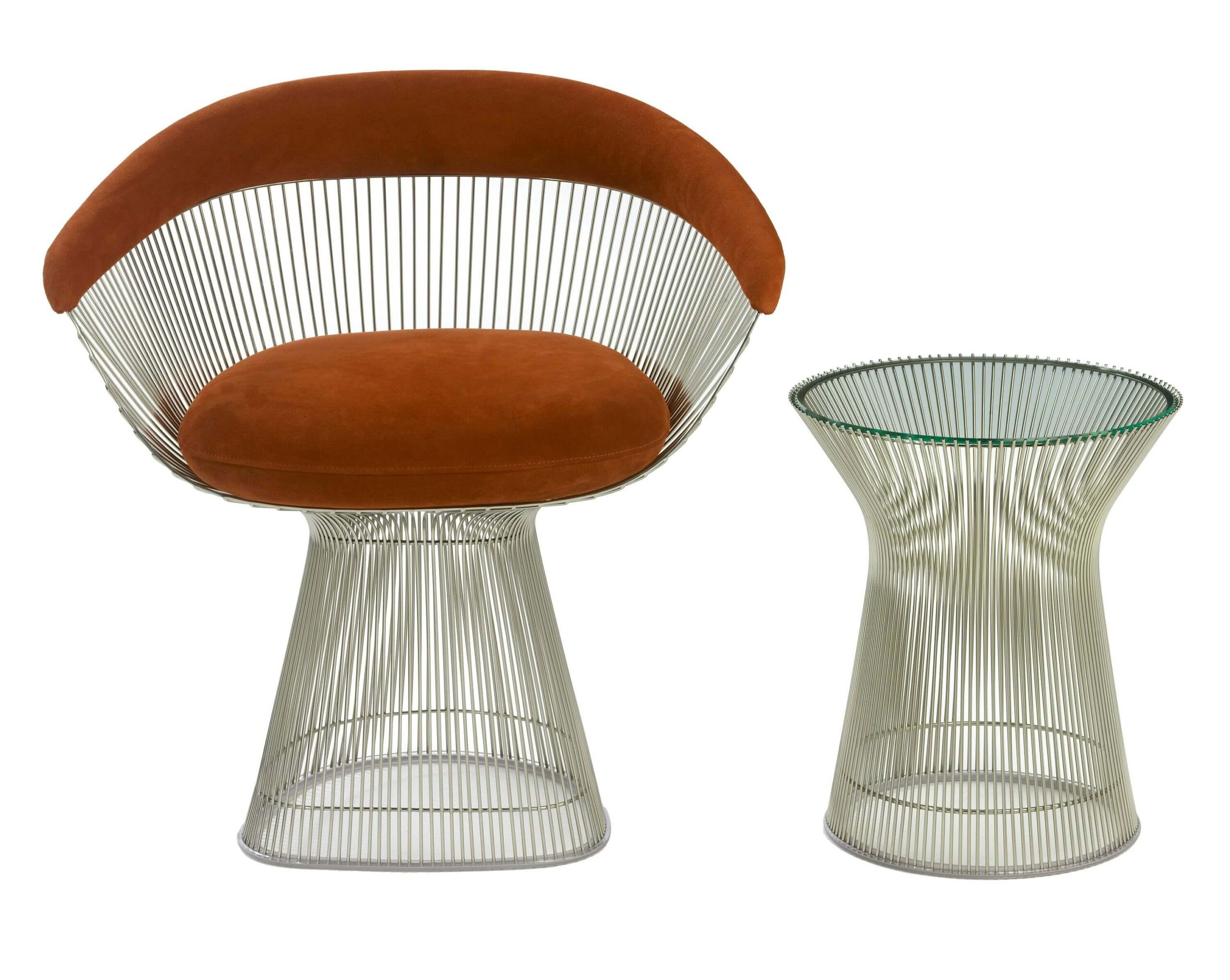 Platner Side Table with an arm chair in a white background