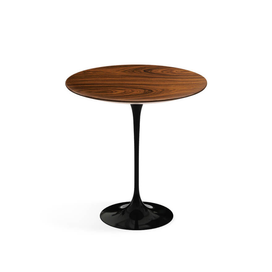 Saarinen Side Table with wooden top and black base in a white background