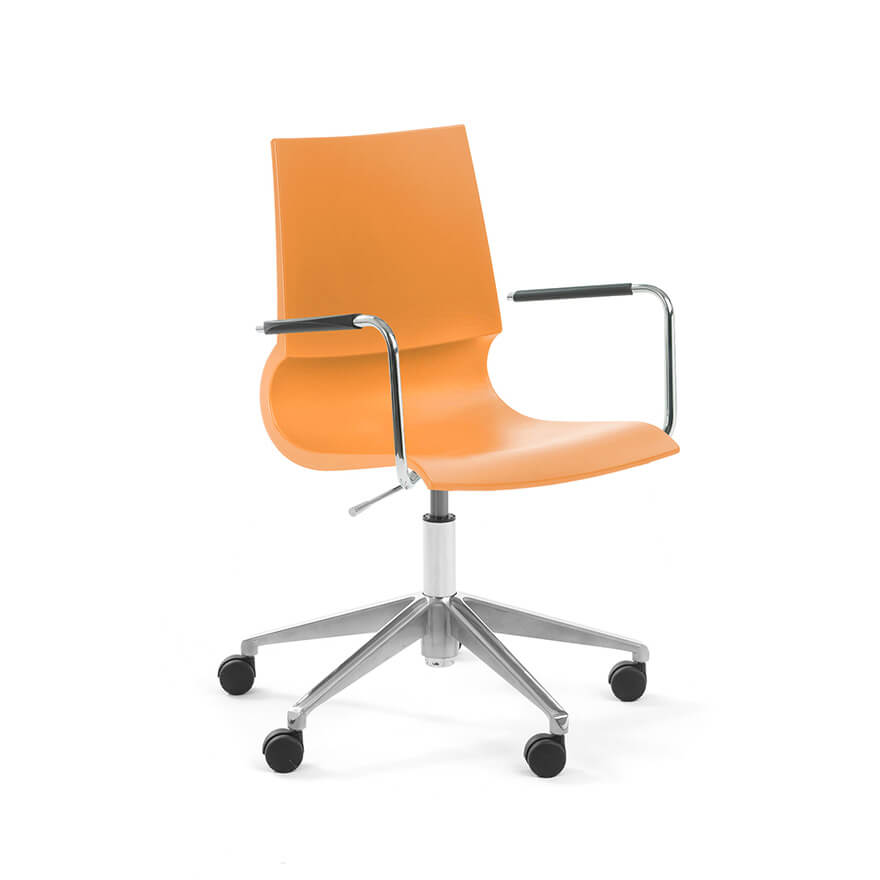 Gigi Arm Chair Swivel Base in orange color with arms
