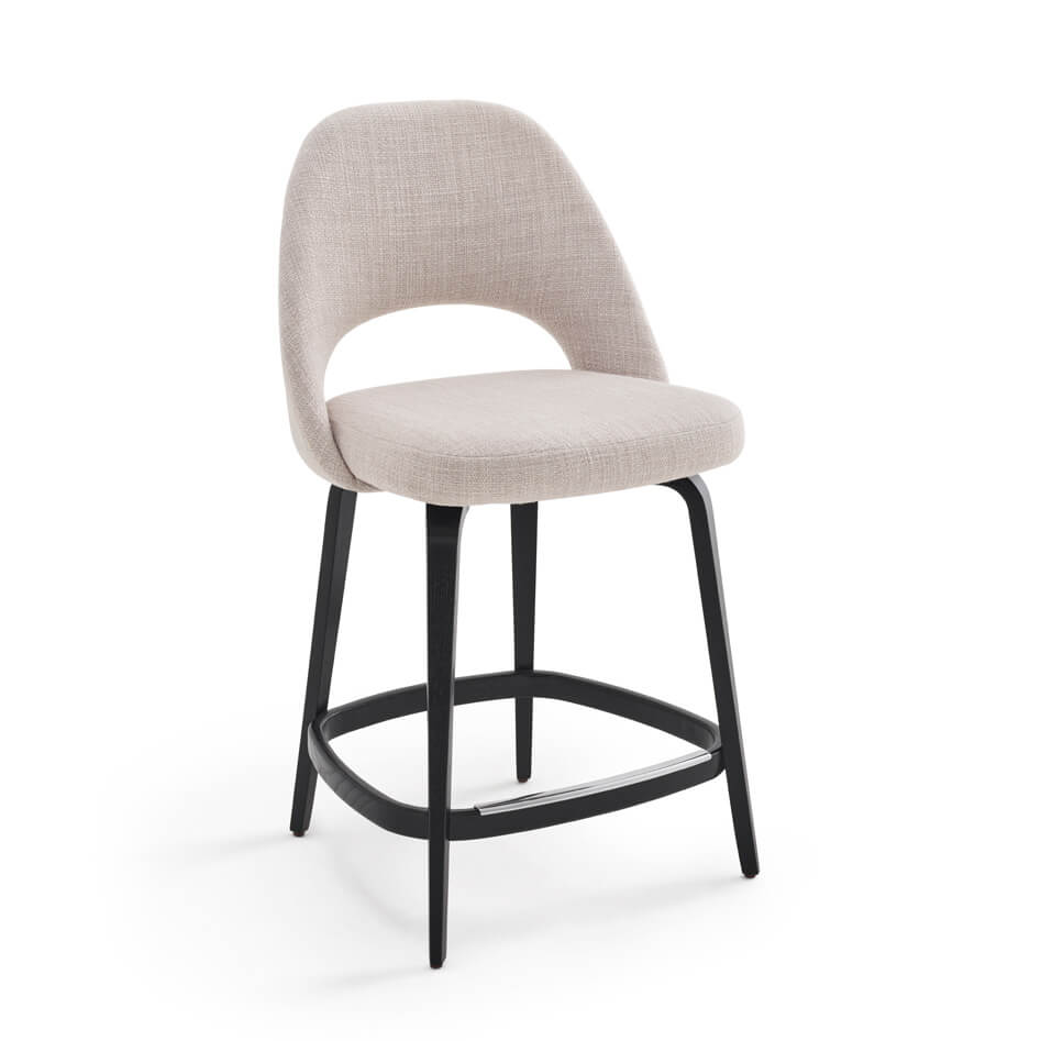 Saarinen wooden legs Barstool front with beige seat on a white background