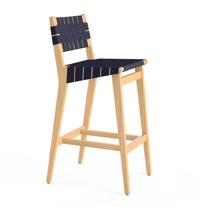 risom wooden barstool side with blue seat and white wood base