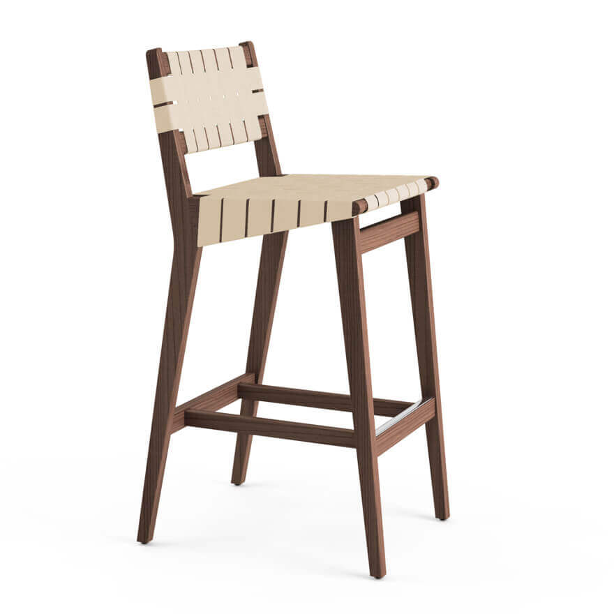 risom wooden barstool side with cream seat and walnut base