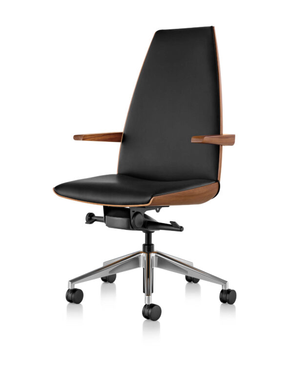 the side angle of a high back Clamshell Office Chair with arm rests and swivel base with castor wheels with black leather and wooden shell in a white room