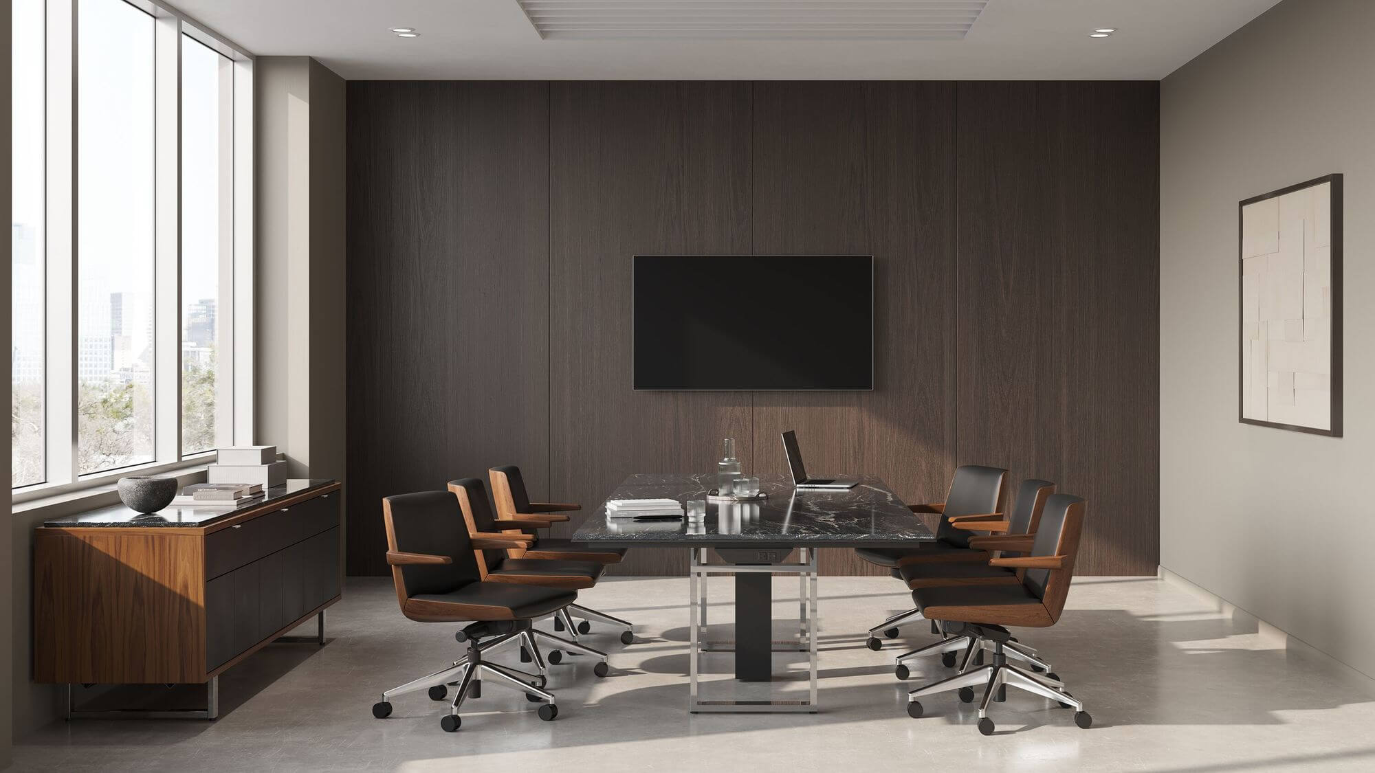 six Clamshell Office Chairs with black leather and wooden shell around a marble rectangular table at an elegant meeting woom featuring big windows and a tv in a wall