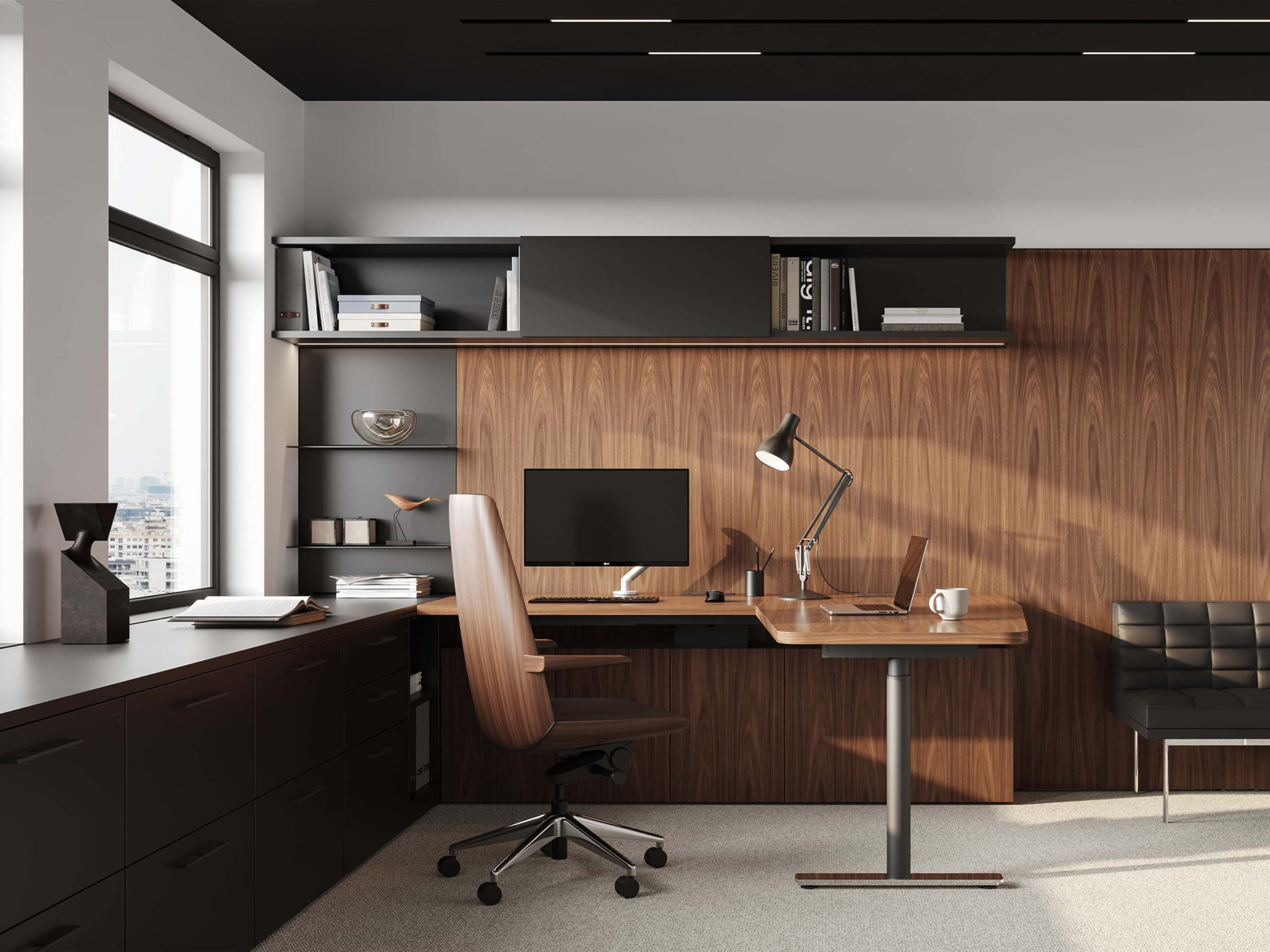 an elegant wooden workstation and a Clamshell Office Chair next to a window