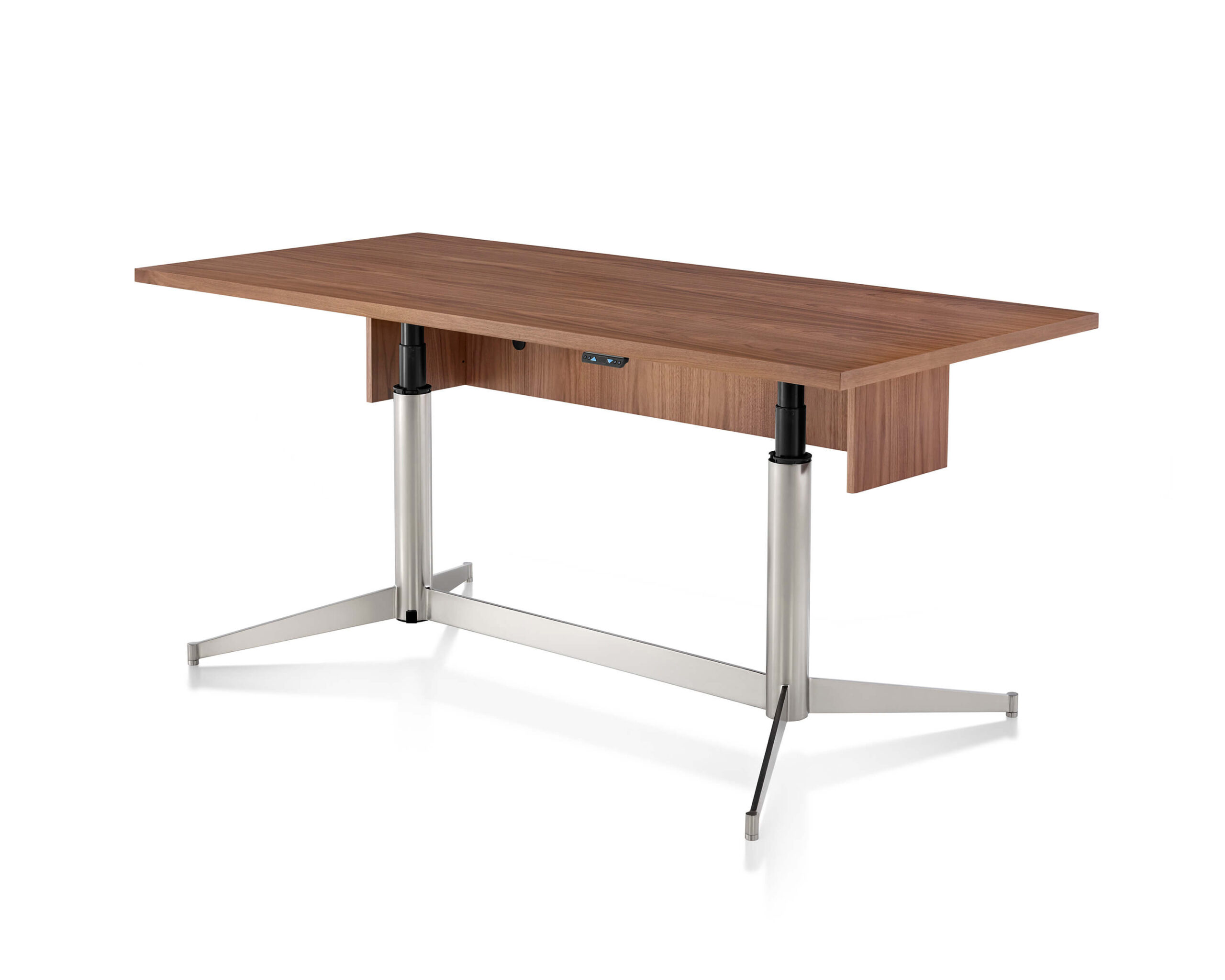 the front side angle of the of an MP Height Adjustable Table with a wooden top feturing the height adjustment controls in a white room