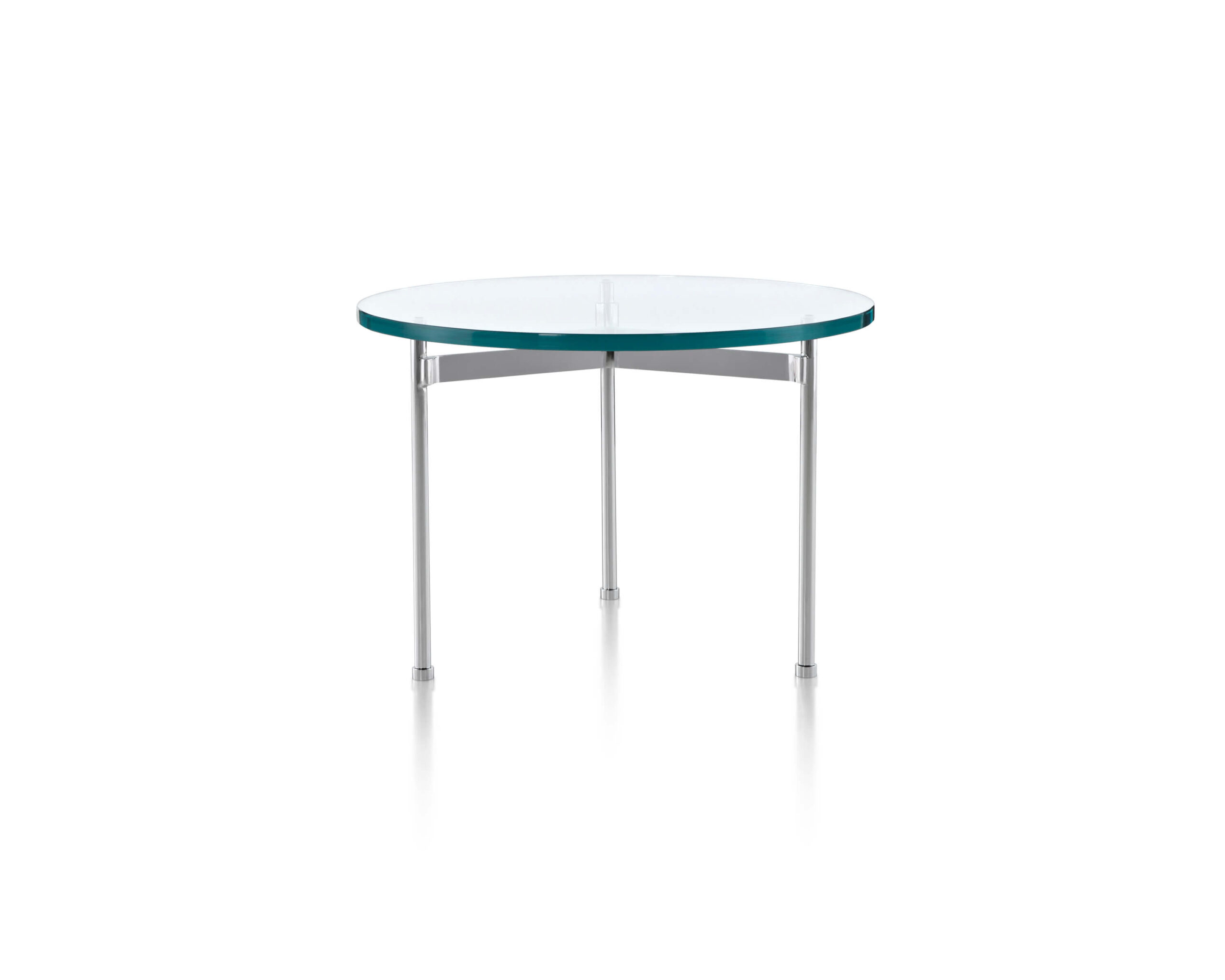 the front side of a small claw side table with glass top and polished aluminium legs in a white room