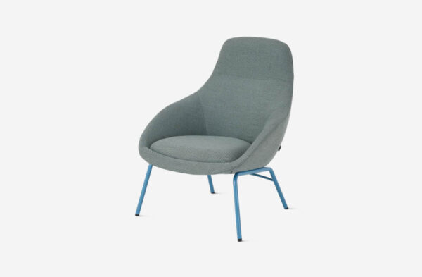 the front side angle of a grey marle always lounge chair with four blue metallic legs in a white room