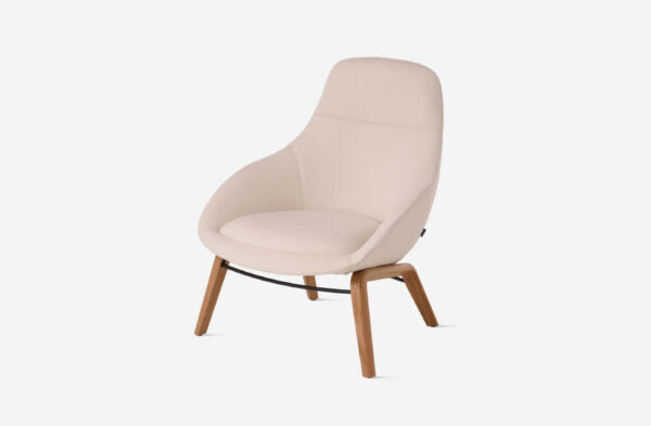 the front side angle of a cream always lounge chair with four metallic wooden legs in a white room