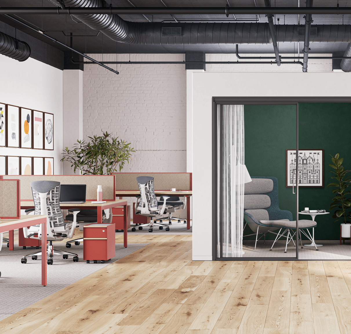 two ergonomic embody chairs next to two wooden top workstationa snd storage troleys in the left side and a focus space with a glass door and a comfortable lounge chaie in the right side