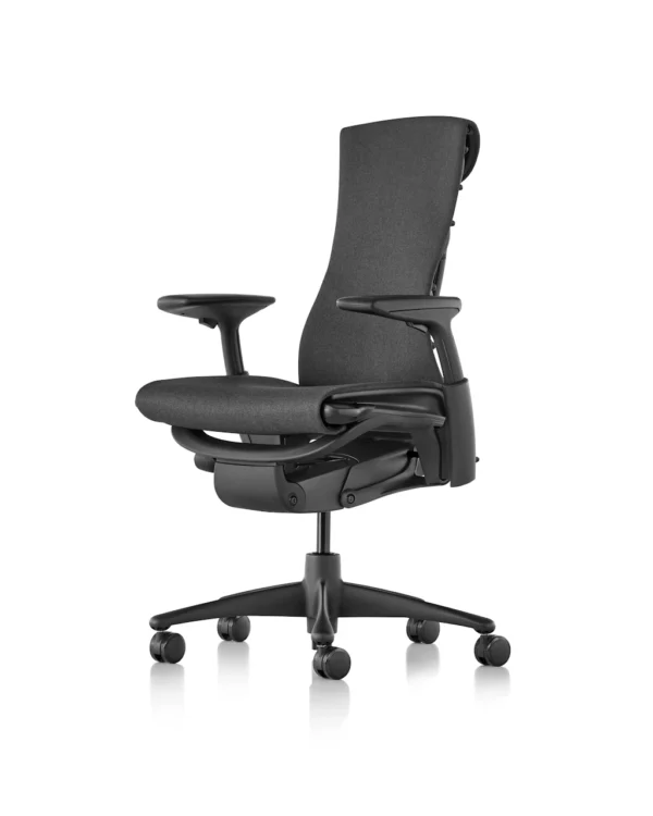 the front side angle of an embody chair by herman miller in black colour uphostery and black frame in a white room